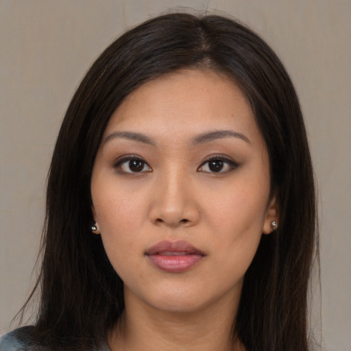Neutral asian young-adult female with long  brown hair and brown eyes