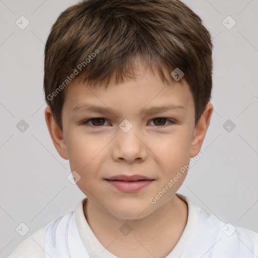 Joyful white child male with short  brown hair and brown eyes