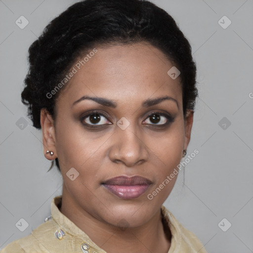 Joyful latino young-adult female with short  brown hair and brown eyes