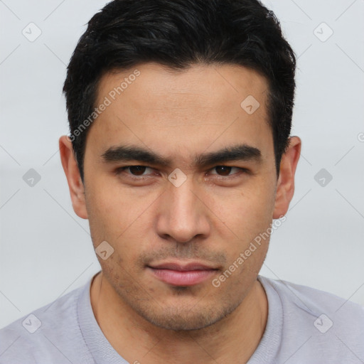 Neutral latino young-adult male with short  brown hair and brown eyes