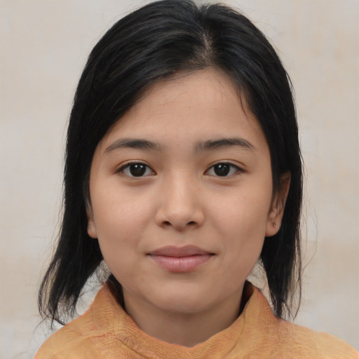 Neutral asian young-adult female with medium  black hair and brown eyes