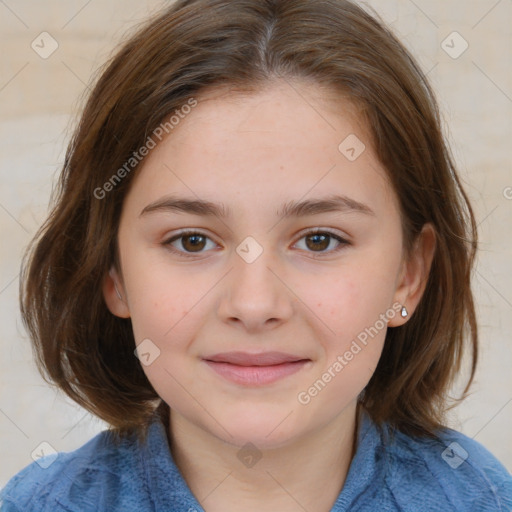 Joyful white child female with medium  brown hair and brown eyes