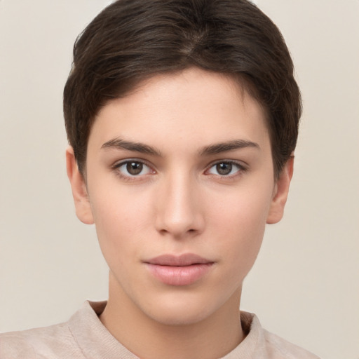 Neutral white young-adult female with short  brown hair and brown eyes