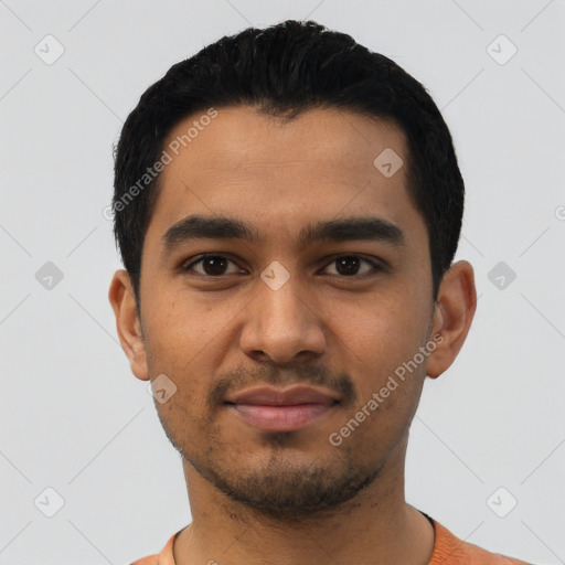 Neutral latino young-adult male with short  black hair and brown eyes