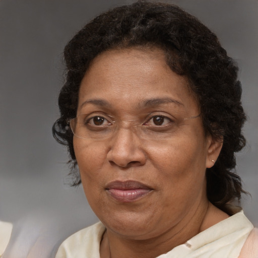 Joyful black adult female with short  brown hair and brown eyes
