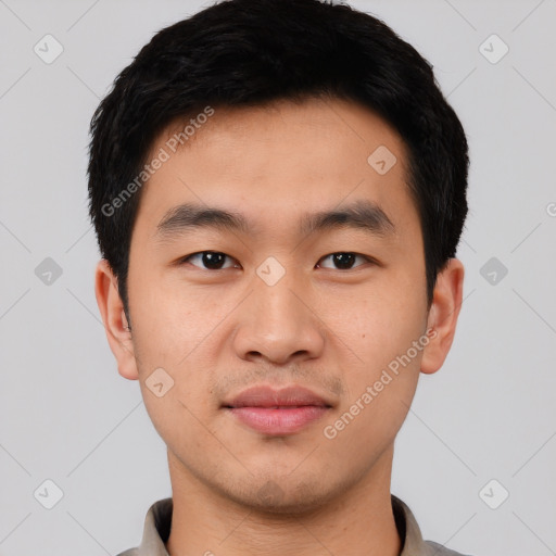 Neutral asian young-adult male with short  black hair and brown eyes