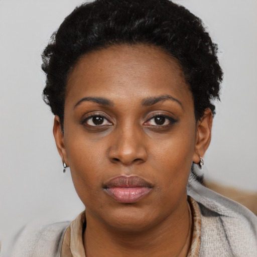 Neutral black young-adult female with short  black hair and brown eyes