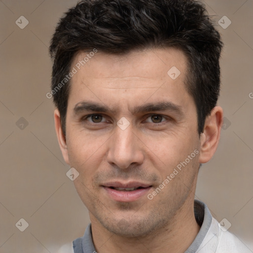 Joyful white adult male with short  brown hair and brown eyes