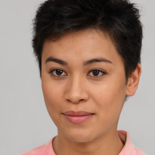 Joyful asian young-adult female with short  brown hair and brown eyes