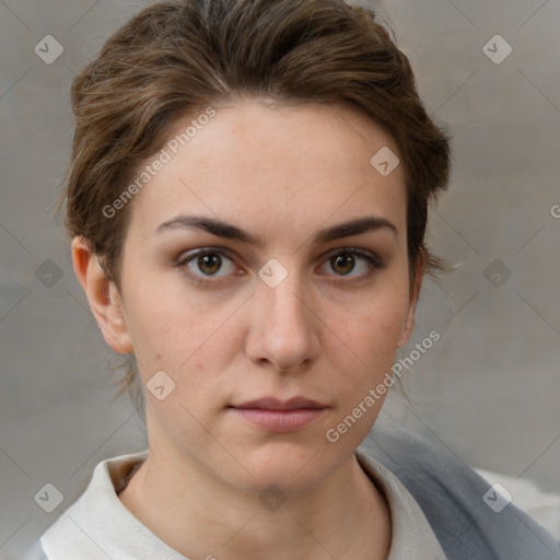 Neutral white young-adult female with short  brown hair and brown eyes