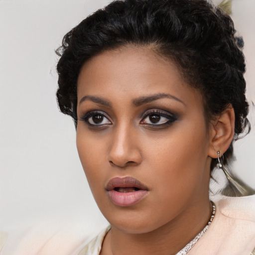 Neutral latino young-adult female with short  brown hair and brown eyes