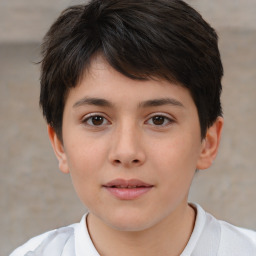 Joyful white child female with short  brown hair and brown eyes