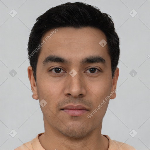 Neutral latino young-adult male with short  black hair and brown eyes