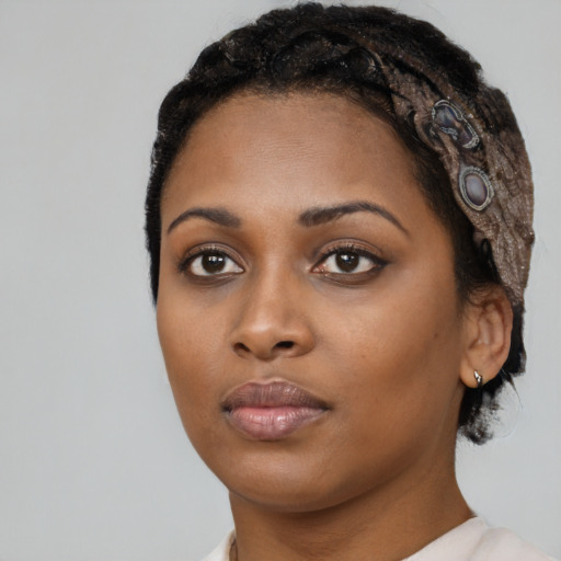 Neutral black young-adult female with short  black hair and brown eyes