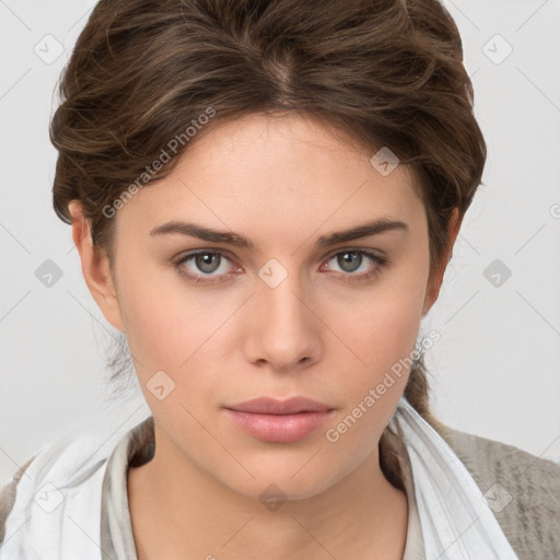 Neutral white young-adult female with medium  brown hair and brown eyes