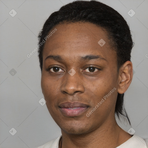 Joyful black young-adult female with medium  black hair and brown eyes