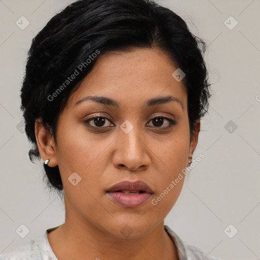 Neutral asian young-adult female with short  black hair and brown eyes