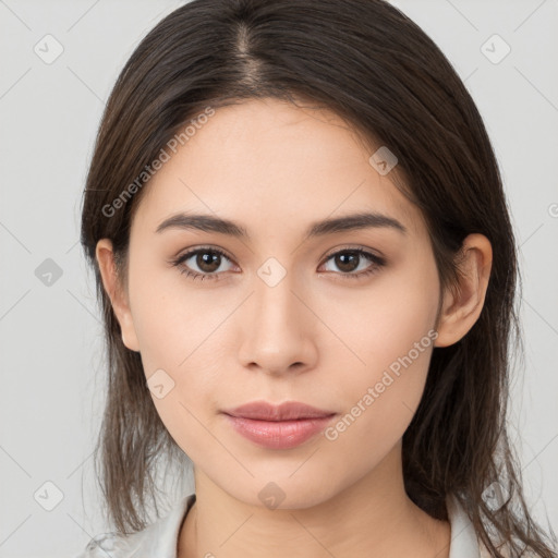 Neutral white young-adult female with medium  brown hair and brown eyes