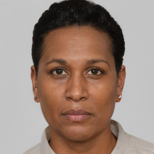 Neutral black adult female with short  black hair and brown eyes
