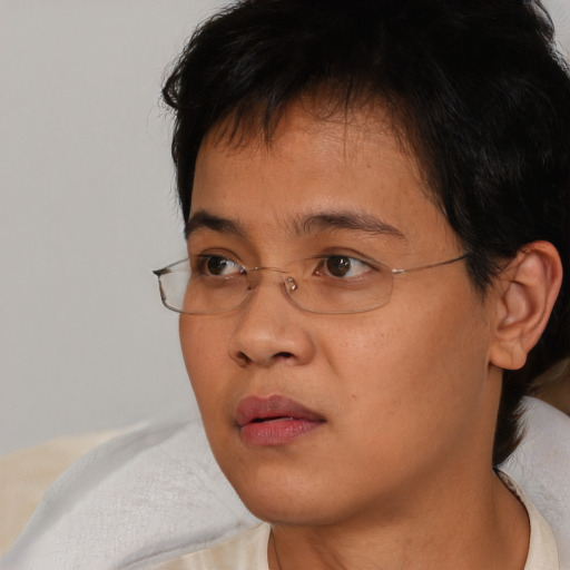 Neutral asian young-adult female with short  brown hair and brown eyes