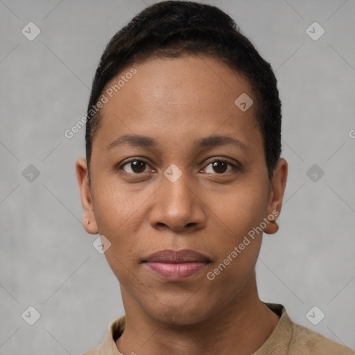 Joyful latino young-adult female with short  black hair and brown eyes