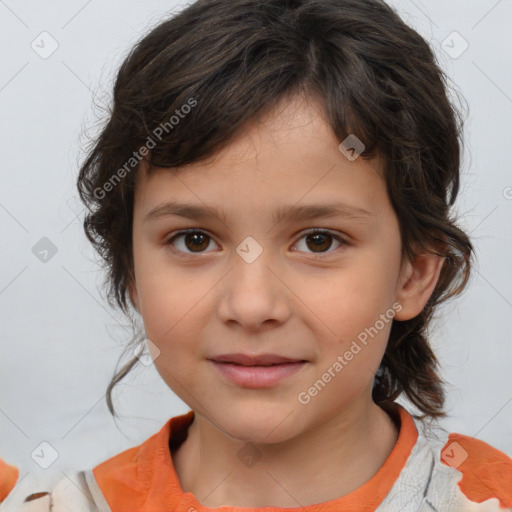 Joyful white child female with medium  brown hair and brown eyes