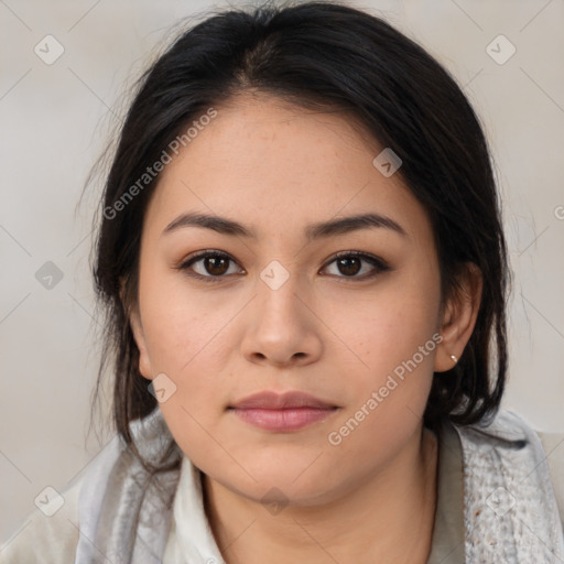 Neutral asian young-adult female with medium  brown hair and brown eyes