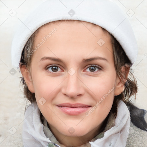 Joyful white young-adult female with medium  brown hair and blue eyes