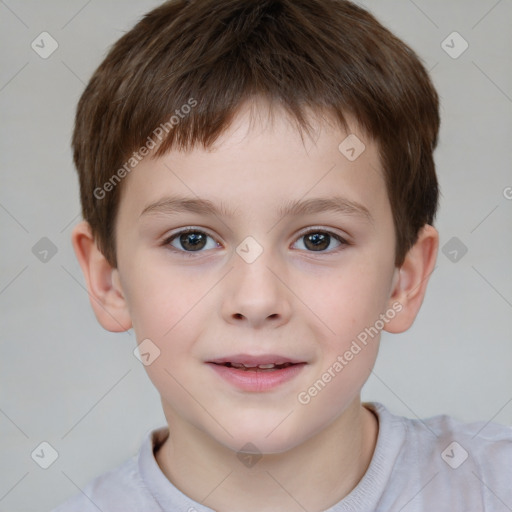 Joyful white child male with short  brown hair and brown eyes