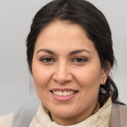 Joyful white adult female with medium  brown hair and brown eyes