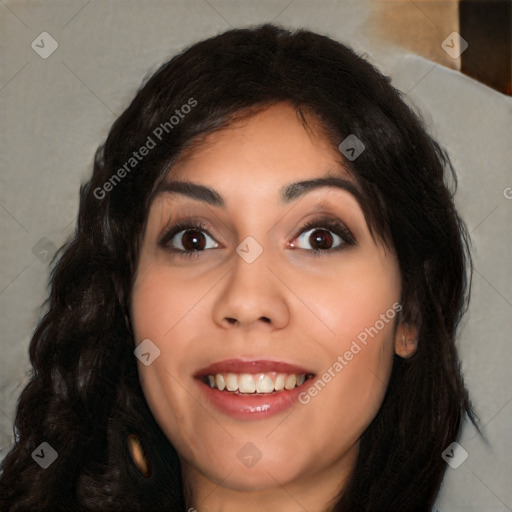 Joyful white young-adult female with long  black hair and brown eyes