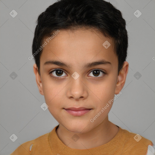 Joyful white child female with short  brown hair and brown eyes