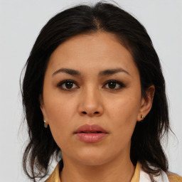 Neutral asian young-adult female with medium  brown hair and brown eyes