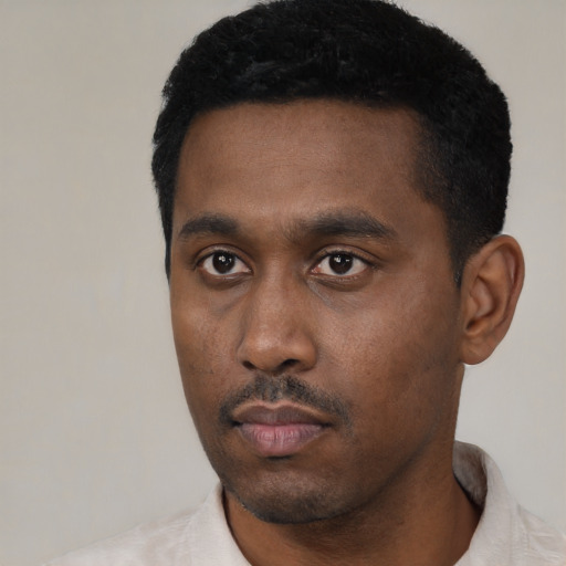 Neutral black young-adult male with short  black hair and brown eyes