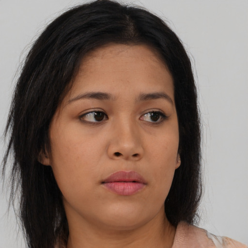 Neutral asian young-adult female with long  brown hair and brown eyes