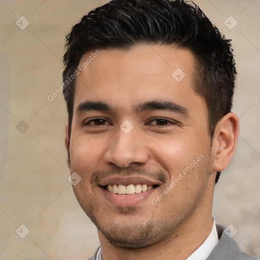 Joyful white young-adult male with short  black hair and brown eyes