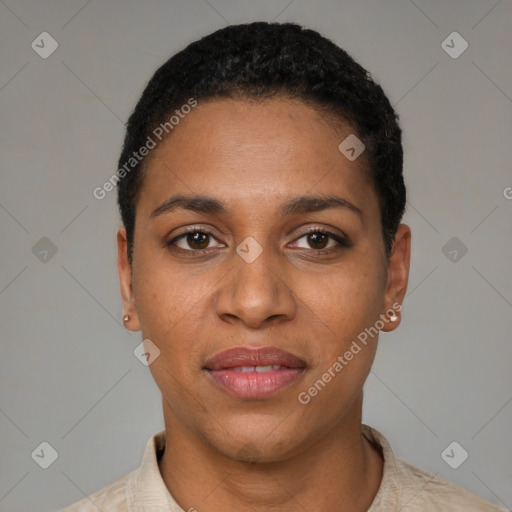 Joyful black young-adult female with short  black hair and brown eyes