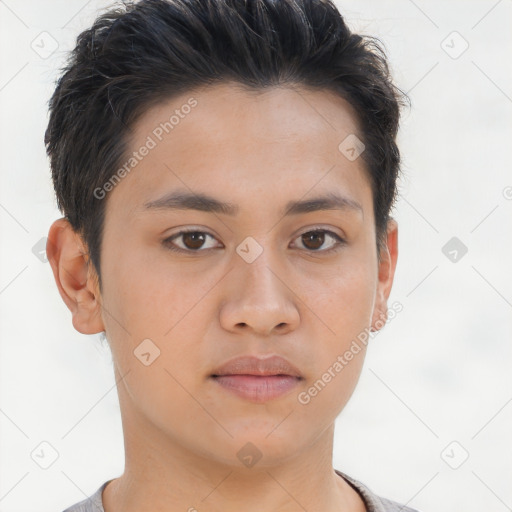 Neutral asian young-adult male with short  brown hair and brown eyes