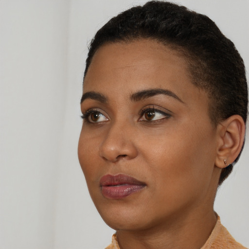 Neutral black young-adult female with short  brown hair and brown eyes