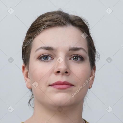 Neutral white young-adult female with medium  brown hair and grey eyes