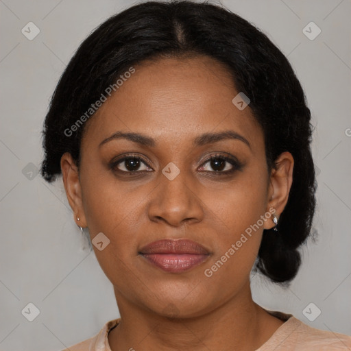 Joyful black young-adult female with medium  brown hair and brown eyes