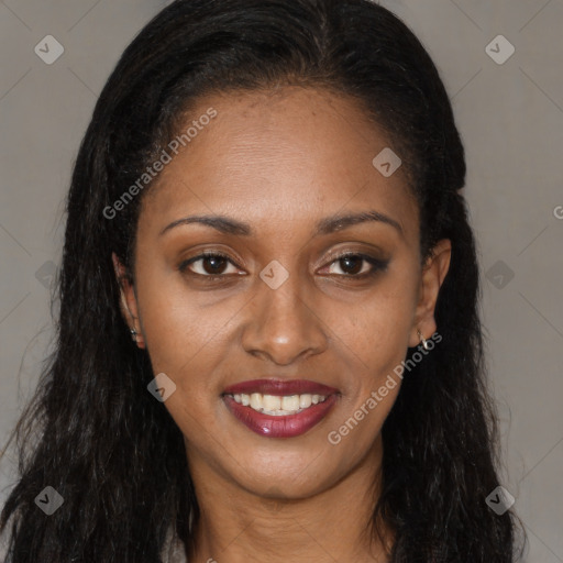 Joyful black young-adult female with long  brown hair and brown eyes