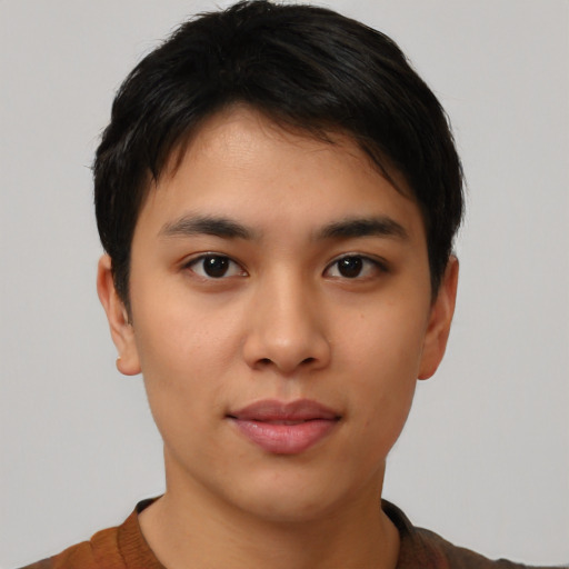 Neutral asian young-adult male with short  brown hair and brown eyes