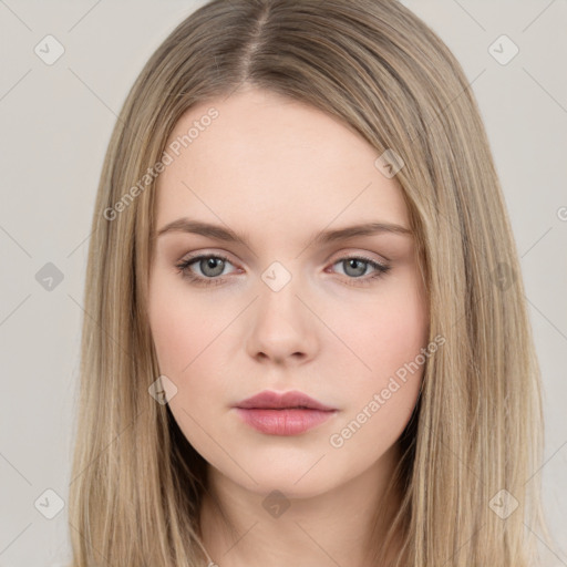 Neutral white young-adult female with long  brown hair and brown eyes