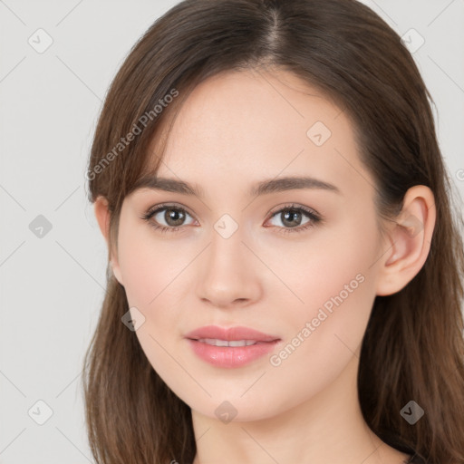 Neutral white young-adult female with long  brown hair and brown eyes