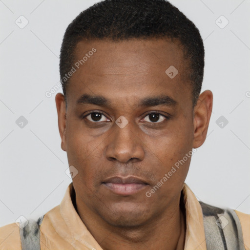 Neutral black young-adult male with short  black hair and brown eyes