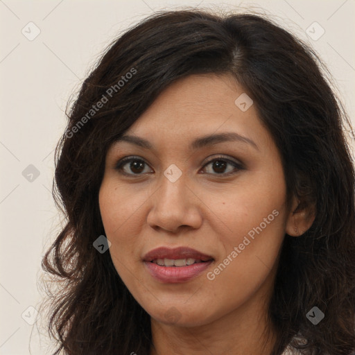 Joyful asian young-adult female with long  brown hair and brown eyes