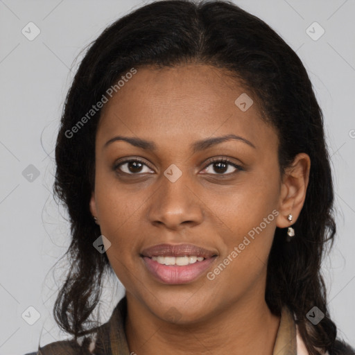 Joyful black young-adult female with medium  brown hair and brown eyes