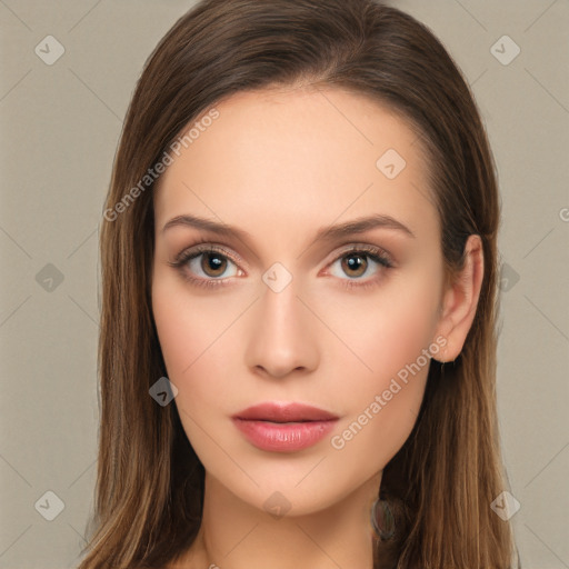 Neutral white young-adult female with long  brown hair and brown eyes