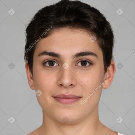 Joyful white young-adult female with short  brown hair and brown eyes